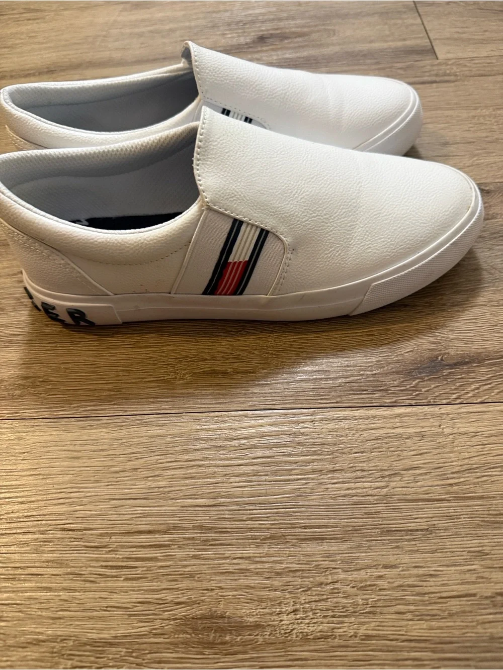 Tommy Hilfiger White Slip-On Loafers with Red & Blue Stripe